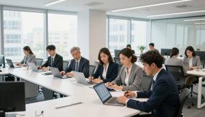 professionnels discutant du krach immobilier dans un bureau moderne