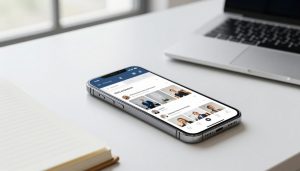 smartphone affichant une story Instagram dans un bureau épuré