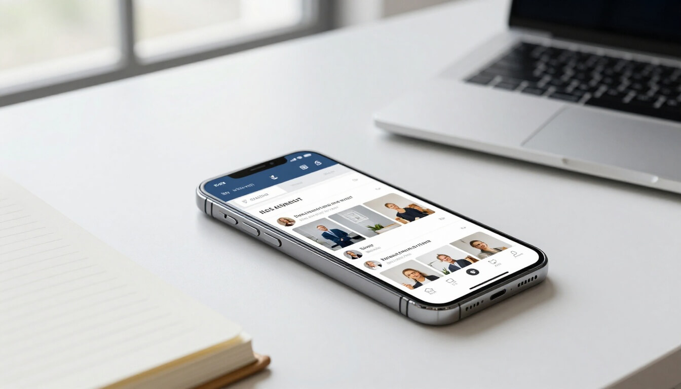 smartphone affichant une story Instagram dans un bureau épuré