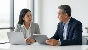 personnes discutant plans départ retraite dans bureau épuré