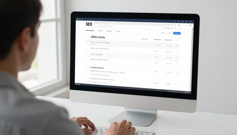 spécialiste SEO analysant des URLs et balises canonical sur ordinateur