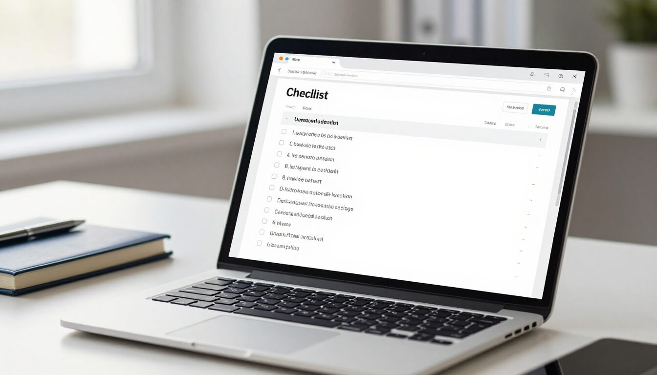 bureau épuré avec écran montrant checklist des règles de slugs SEO