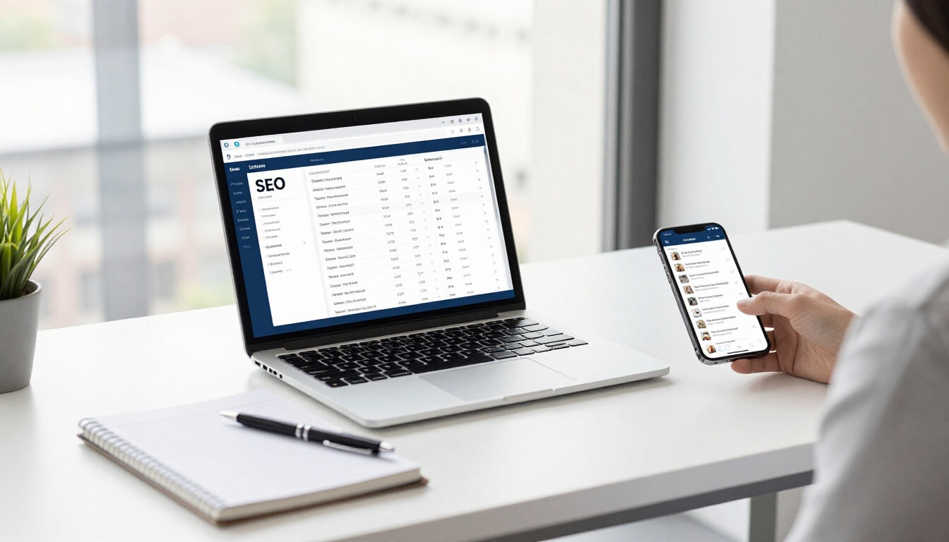 bureau professionnel avec audit seo local sur ordinateur moderne