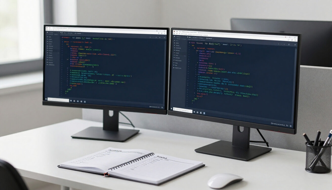 bureau moderne avec écrans affichant code site web et checklist audit
