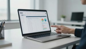 bureau moderne avec cahier des charges SEO et tableau de bord technique