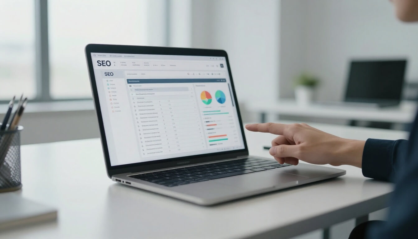 bureau moderne avec cahier des charges SEO et tableau de bord technique