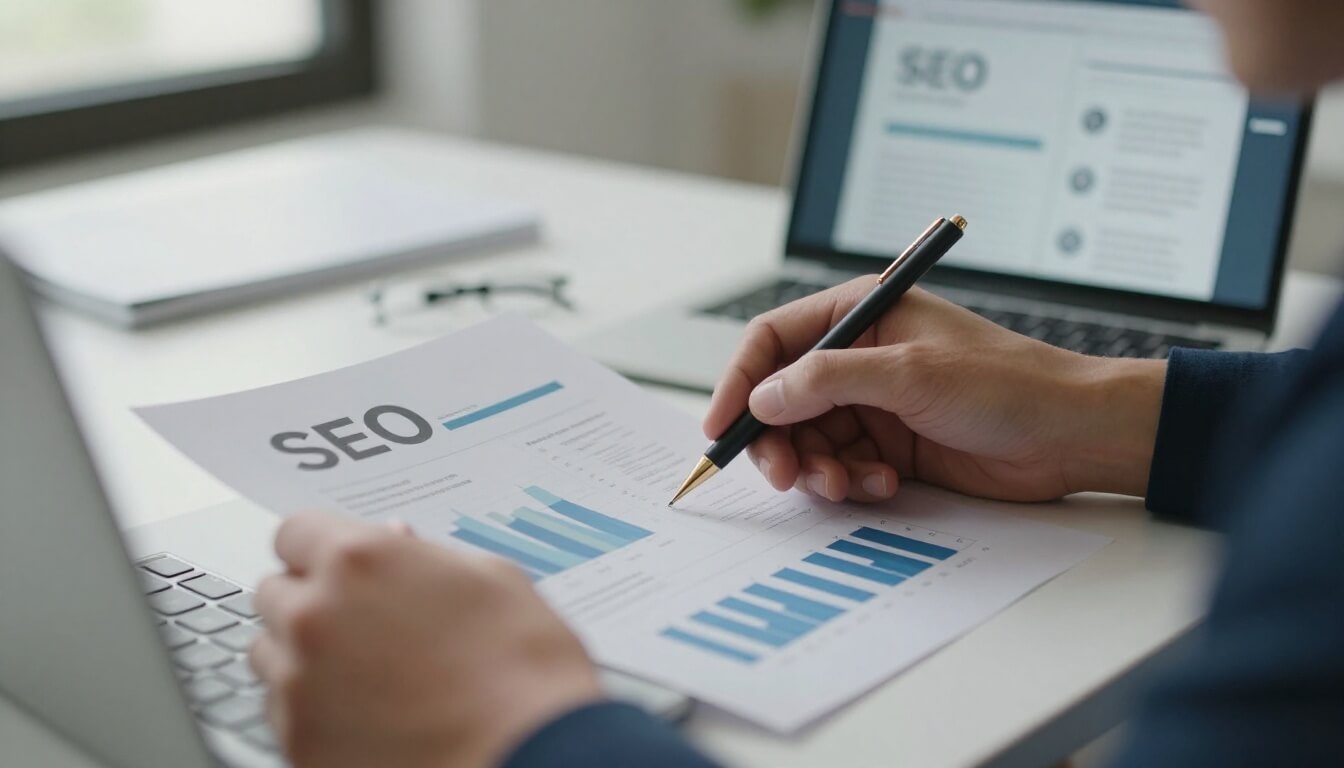 professionnel examinant un portfolio SEO détaillé sur un ordinateur portable