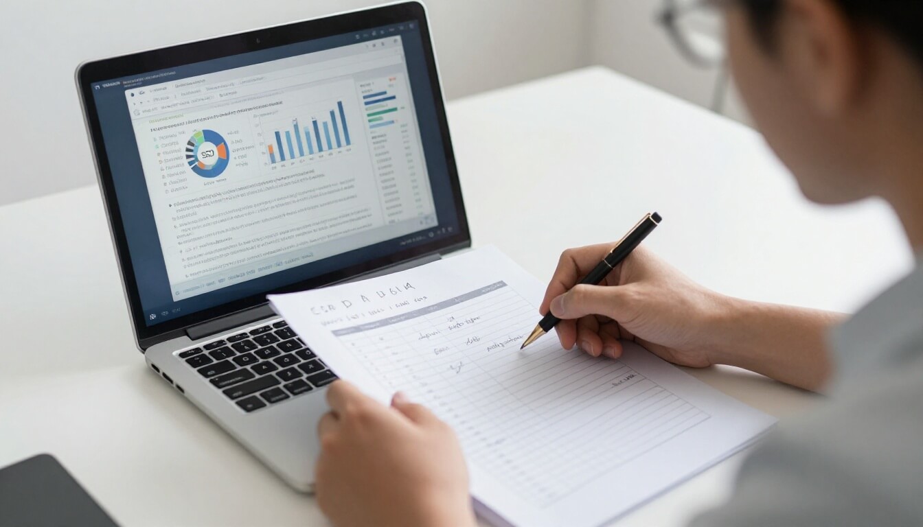 professionnel analysant audit SEO avec graphiques et notes