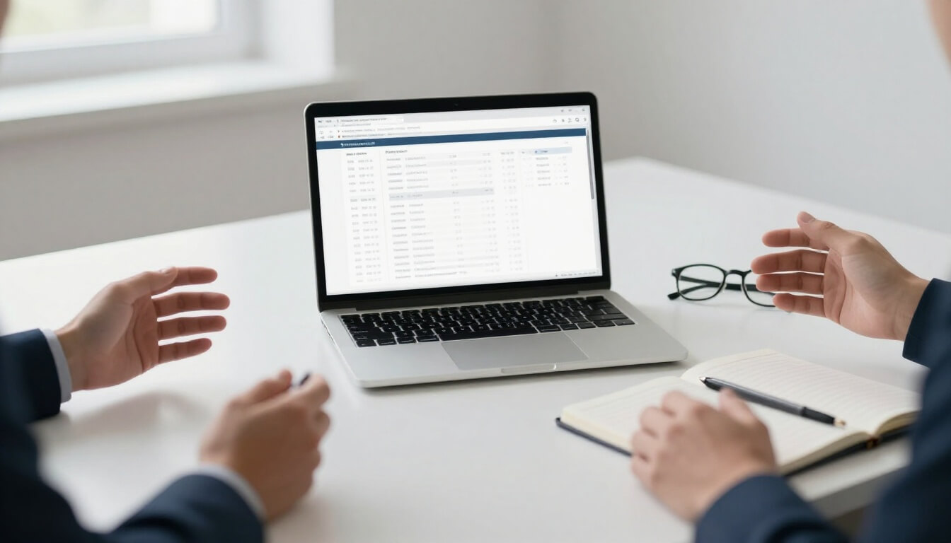 discussion professionnelle autour de devis SEO sur un bureau épuré