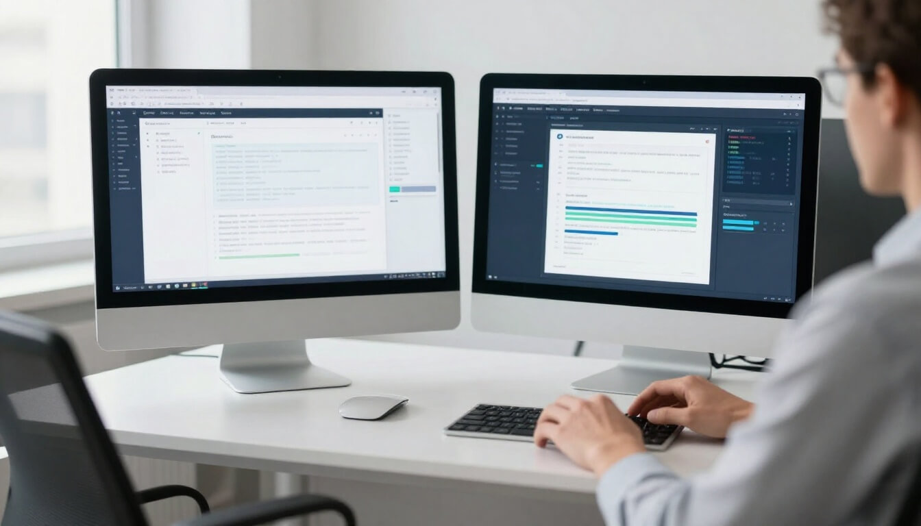 bureau moderne avec ordinateur et interface IA floue pour SEO