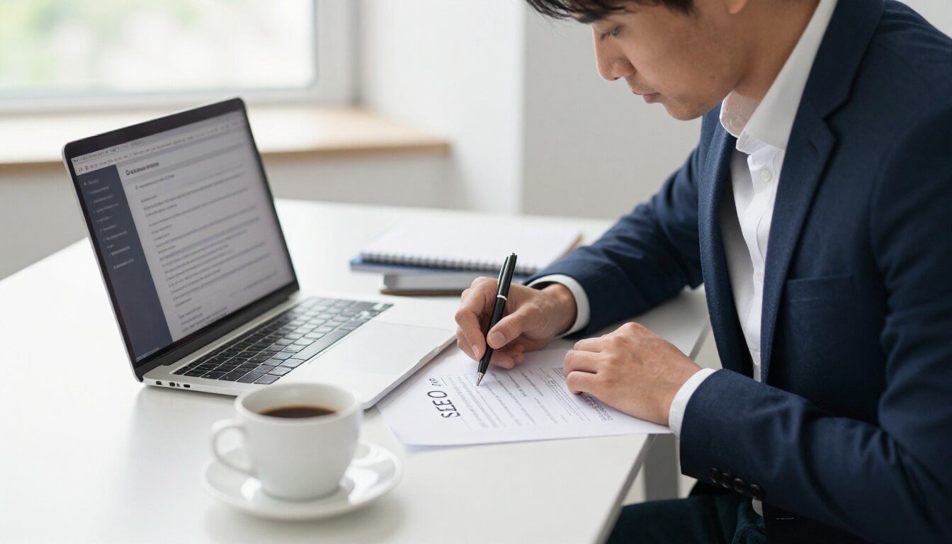 professionnel analysant données SEO et IA sur un bureau clair