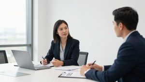 consultant SEO en réunion professionnelle dans un bureau moderne