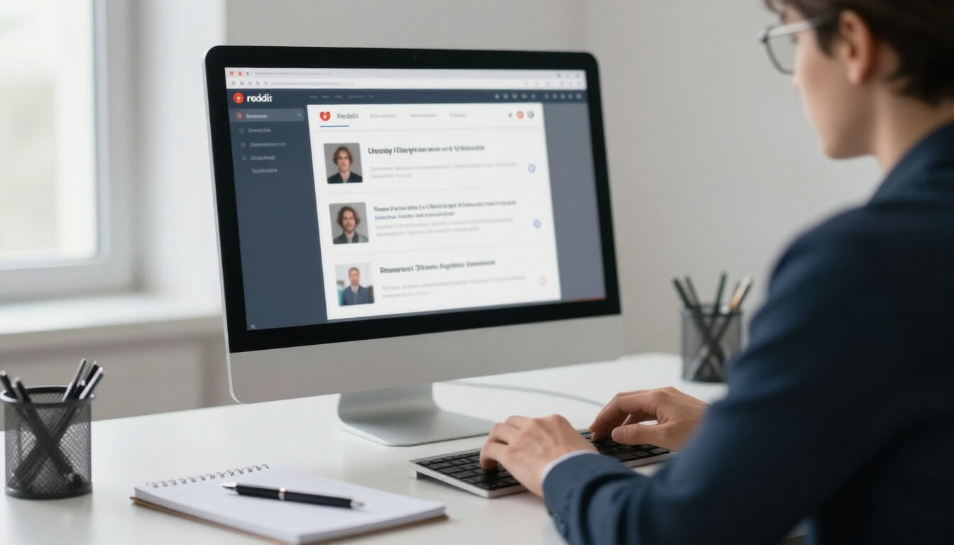professionnel répondant à discussions Reddit sur ordinateur au bureau