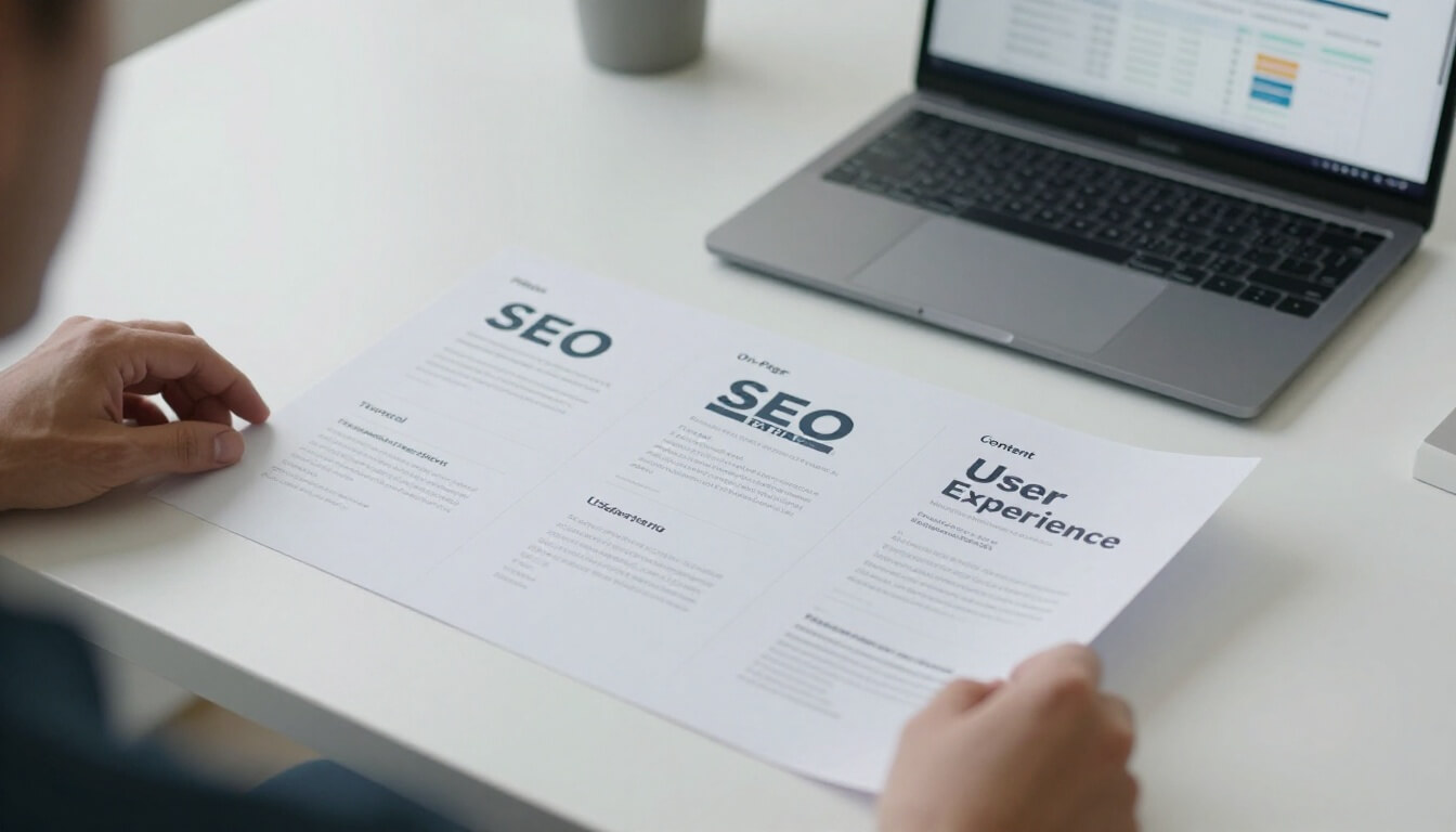 bureau avec documents illustrant les 4 piliers SEO et écran ordinateur