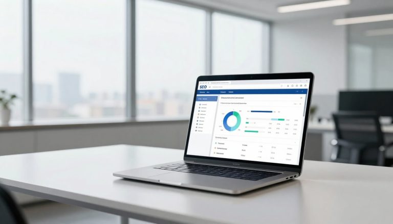 professionnel analysant tableau de bord SEO white hat sur ordinateur