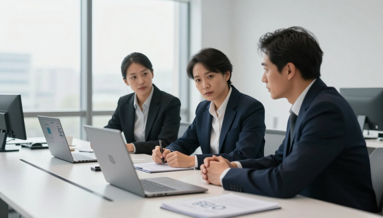 professionnels en réunion discutant stratégie SEO dans un bureau moderne