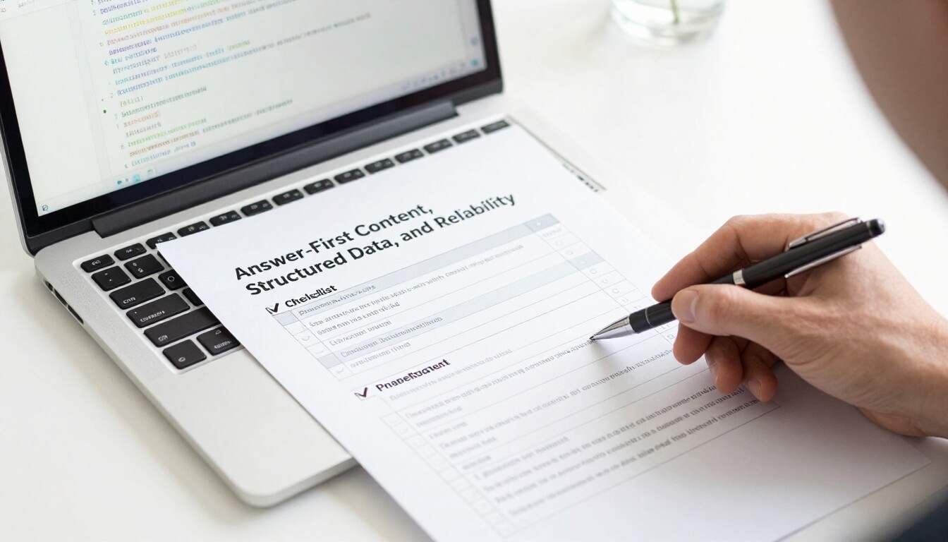 bureau moderne avec checklist et code schema markup flou à l'écran