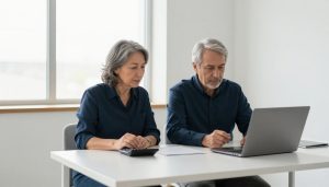 couple senior examinant documents financiers dans un bureau épuré