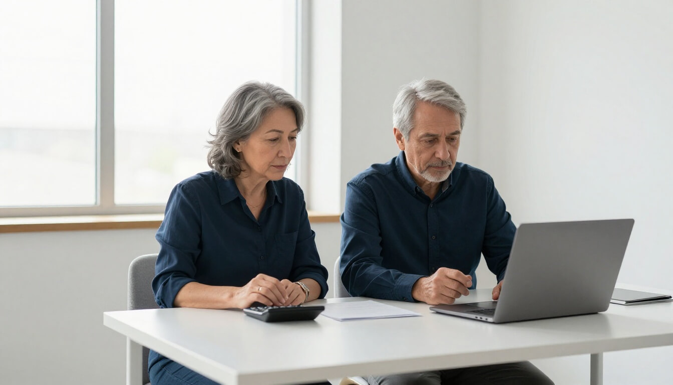 couple senior examinant documents financiers dans un bureau épuré