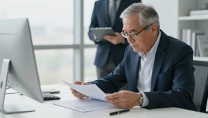 personne âgée consultant des documents financiers au bureau