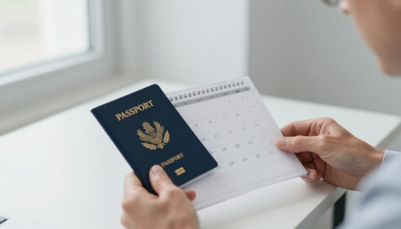 personne âgée tenant un calendrier et un passeport en bureau