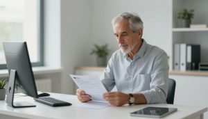retraité étranger consultant ses documents de retraite en bureau